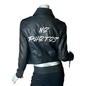 Women’s Small Moto Biker Faux Leather Jacket Black Embroidered “NO PHOTOS” NEW
